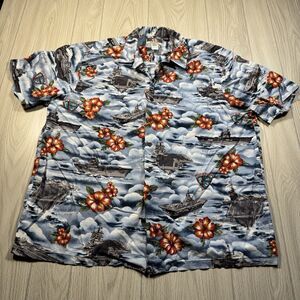 Kalaheo Hawaiian Shirt Mens XXL Blue USS Midway Aircraft Carrier Floral USA Made